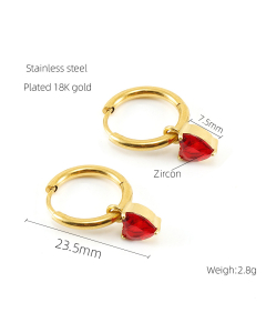 Red Zircon Inlaid Heart Pendant Stainless Steel Love Earrings 
