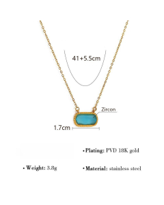 Blue Square Zircon Inlaid Pendant Stainless Steel Oval Necklace 