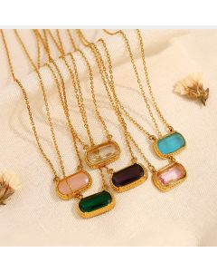 Wholesale Stainless Steel Oval Necklace Square Zircon Inlaid Pendant Necklace