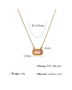 Pink Square Zircon Inlaid Pendant Stainless Steel Oval Necklace 