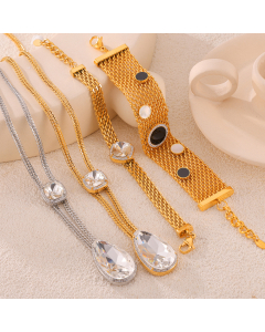 Light Luxury Zircon Inlaid Necklace Bracelet Wholesale Stainless Steel Fine Jewelry Set YK29066