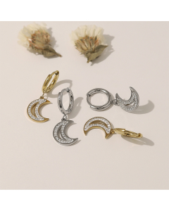 Wholesale Stainless Steel Earrings French Style Fashion Smooth Zircon Inlaid Moon Pendant Earrings