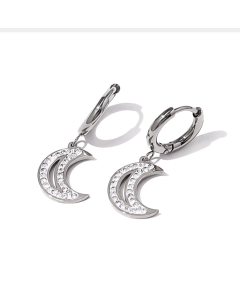 Steel Color Smooth Zircon Inlaid Moon Pendant Stainless Steel Earrings 