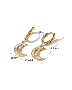Gold Color Smooth Zircon Inlaid Moon Pendant Stainless Steel Earrings 