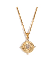Wholesale Stainless Steel Tarot Necklace Zircon Inlaid Round Pendant Necklace-Gold Color-07