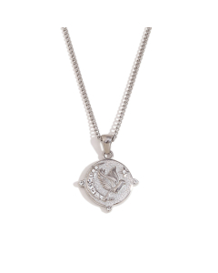 Wholesale Stainless Steel Tarot Necklace Zircon Inlaid Round Pendant Necklace-Steel Color-01