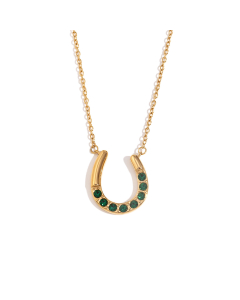 Green Zircon Inlaid Horseshoe U-shaped Stainless Steel Pendant Necklace 
