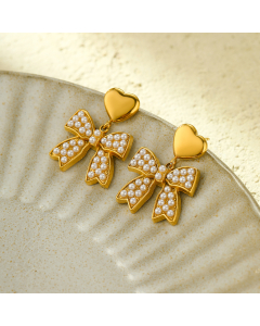 Light Luxury Zircon Pearl Bow Knot Love Inlaid Stainless Steel Stud Earrings 