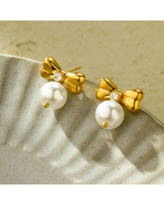 French Style Zircon Pearl Bow Knot Love Inlaid Stainless Steel Stud Earrings 