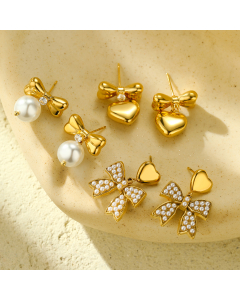Wholesale Stainless Steel Stud Earrings Zircon Pearl Bow Knot Love Inlaid Earrings 