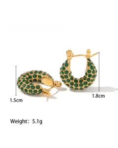 Wholesale Earrings French Style 18K Gold-plated Stainless Steel Earrings With White Green Zirconia Geometric Earrings-01-Green