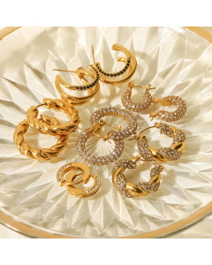 Wholesale Earrings French Style 18K Gold-plated Stainless Steel Earrings With White Green Zirconia Geometric Earrings