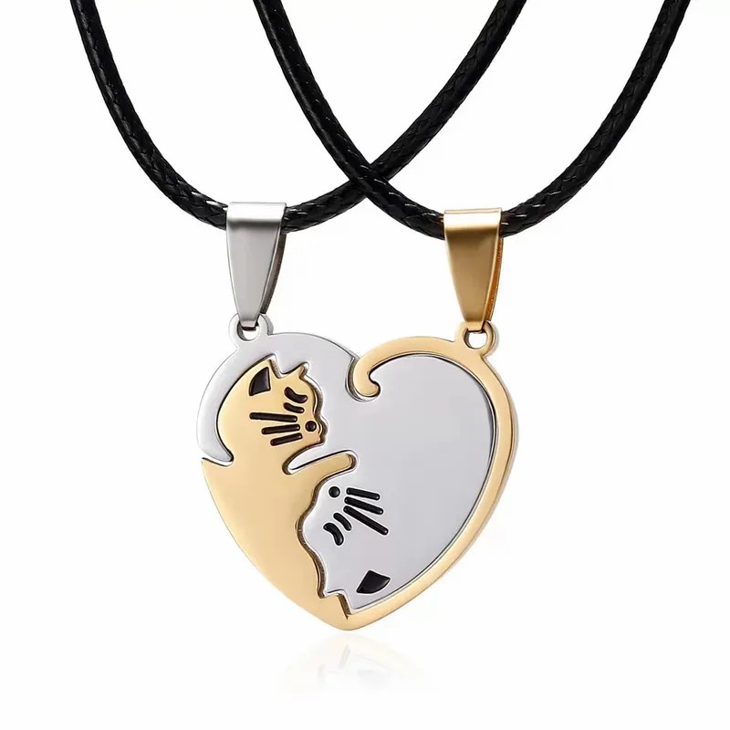 Heart Shape Cat Titanium Steel Pendant Necklace.