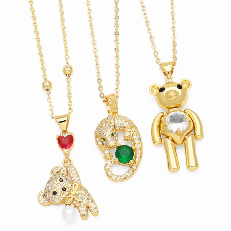 Cute Little Bear Stainless Steel Copper Inlay Zircon 18K Gold Plated Pendant Necklace_colorza_5