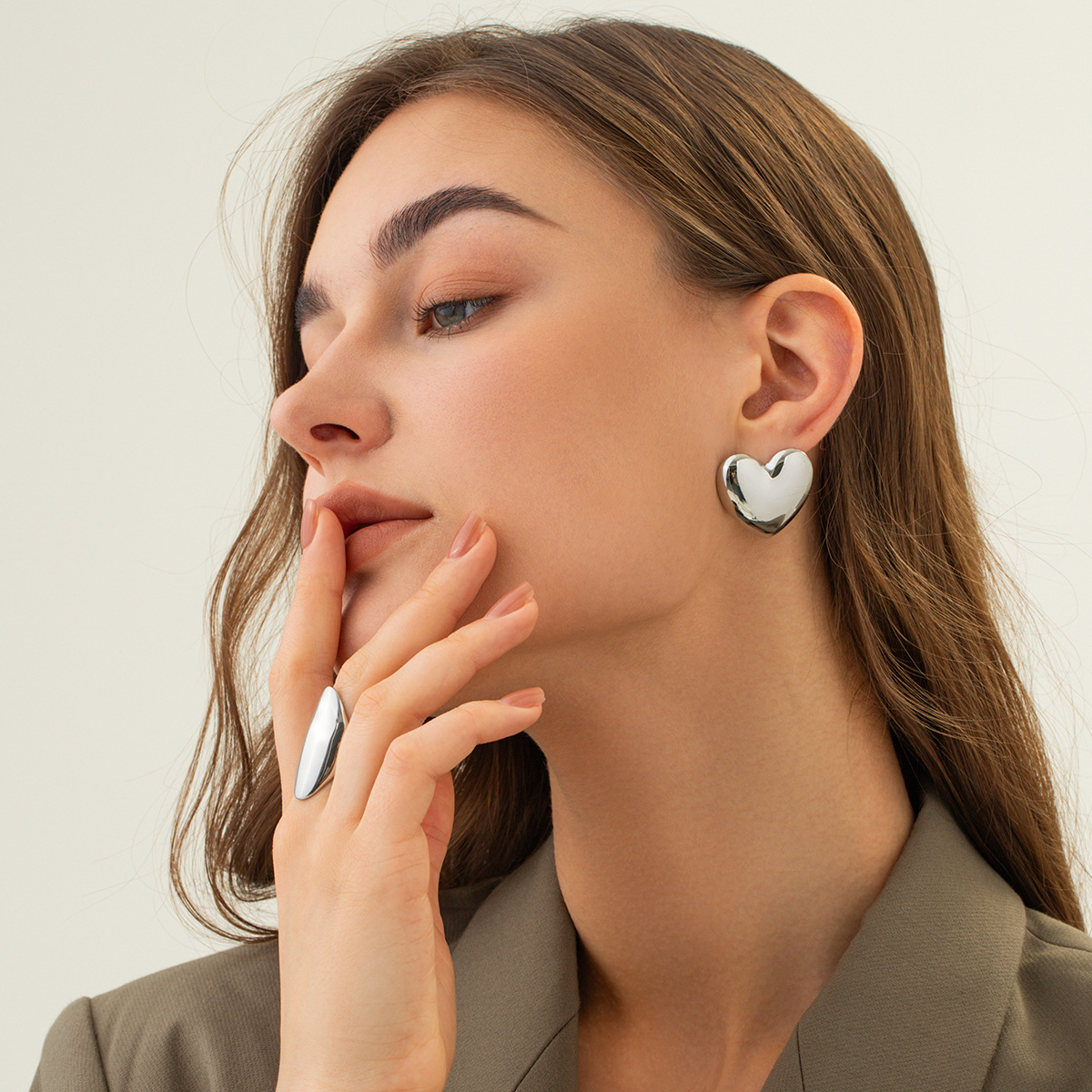 Model Show for Heart Shape Earrings in Silver Color