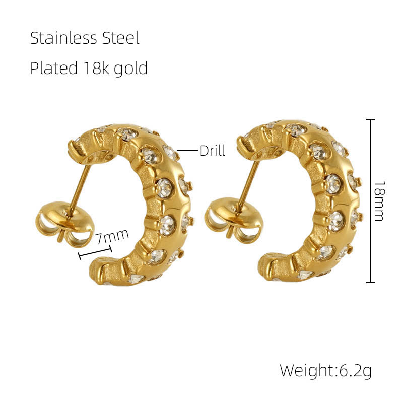 Drill Inlaid C-shaped Stainless Steel Earrings