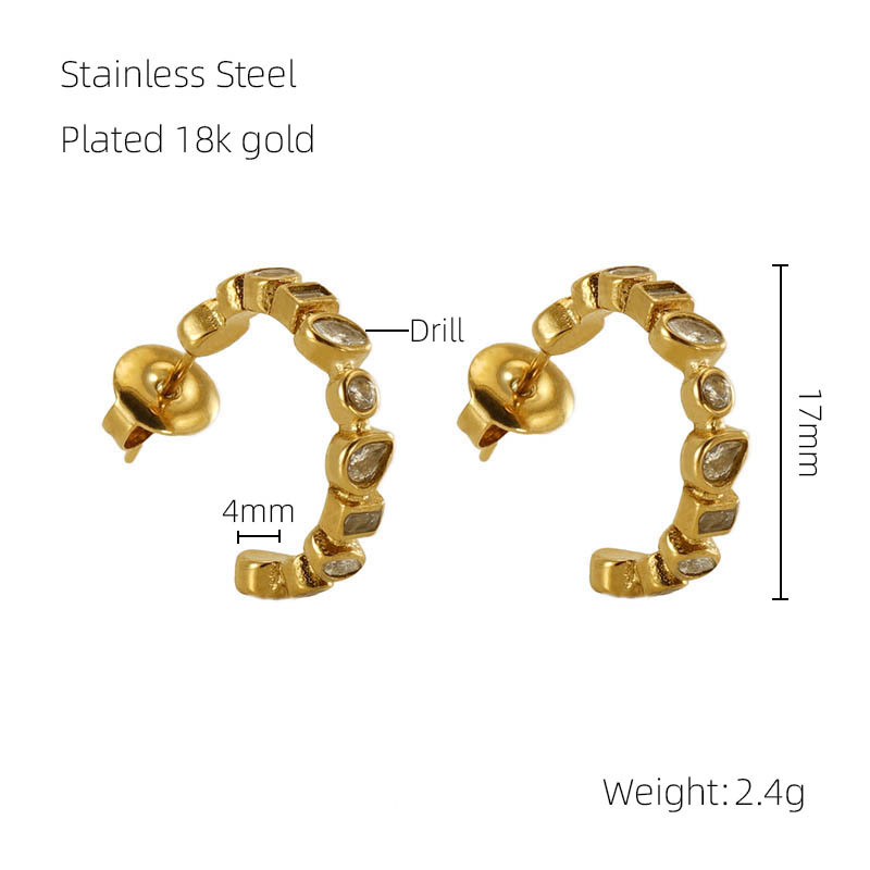 Zircon Inlaid C-shaped Stainless Steel Earrings