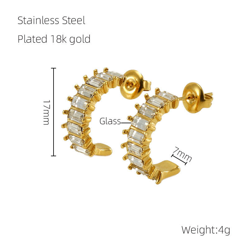 C-shaped With Glass Stainless Steel Earrings