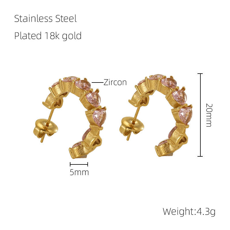 C-shaped With Pink Zircon Stainless Steel Earrings