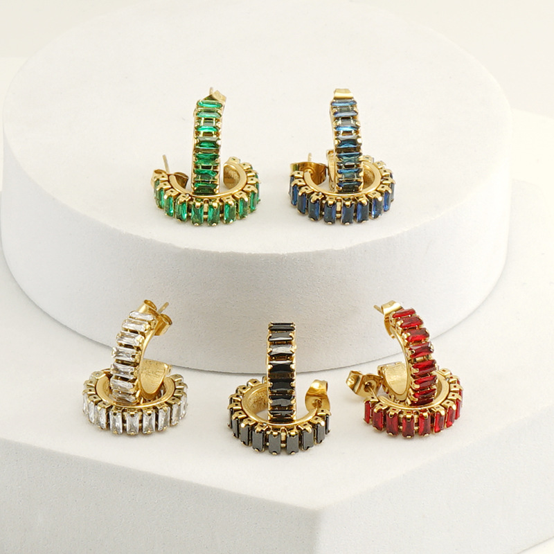 Zircon Inlaid C-shaped Stainless Steel Earrings