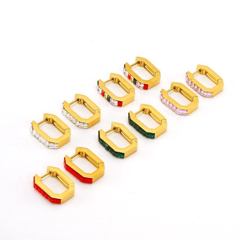 Color Zircon Inlaid Geometric Stainless Steel Earrings 