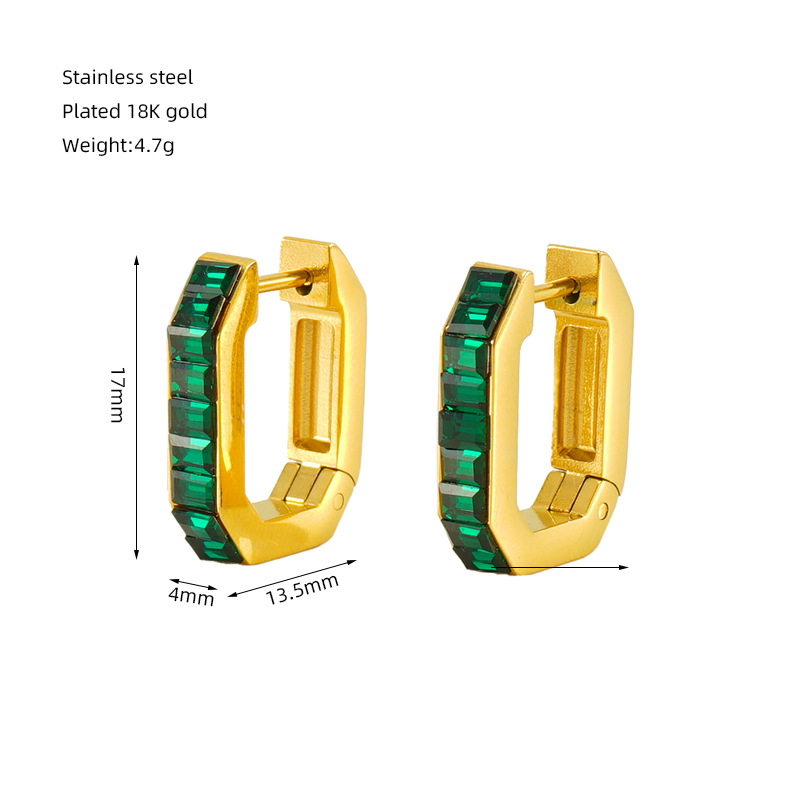 Green Zircon Inlaid Geometric Stainless Steel Earrings 