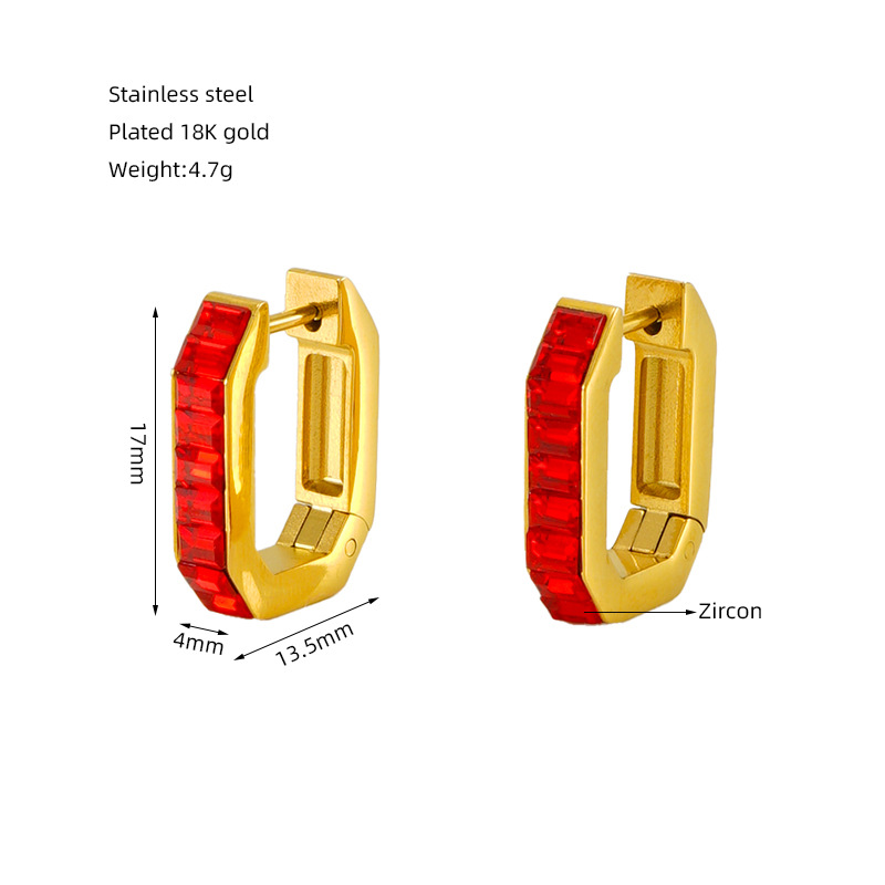 Red Zircon Inlaid Geometric Stainless Steel Earrings 