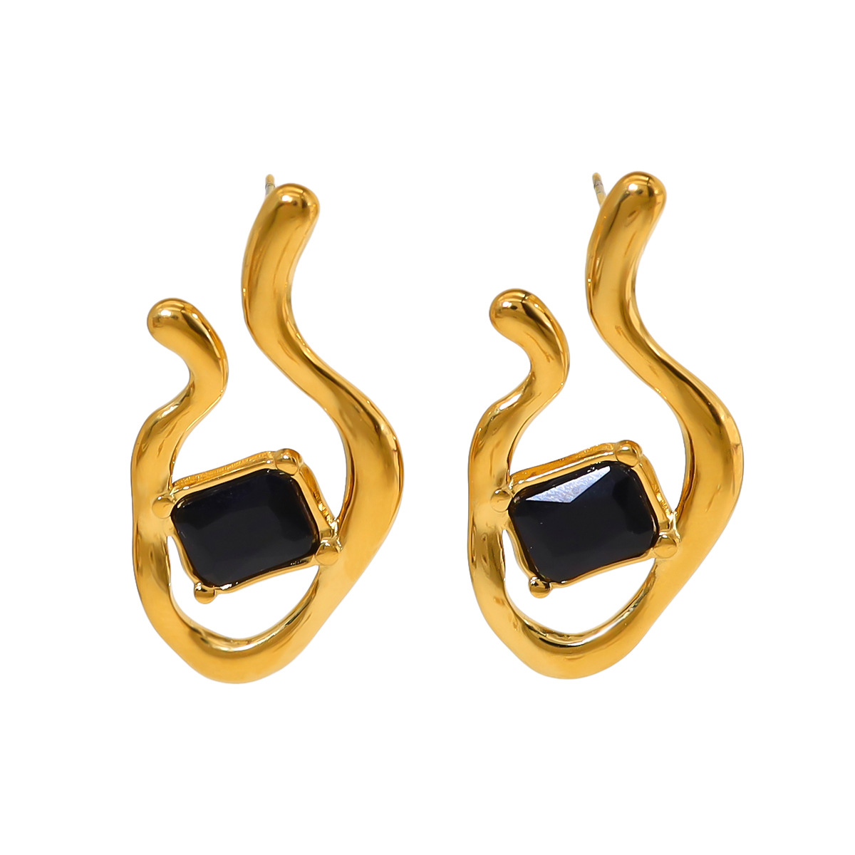 Black Zircon Inlaid Irregular Stainless Steel Earrings