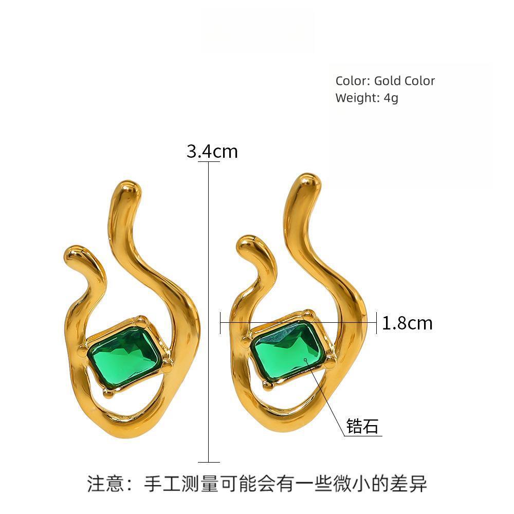 Green Zircon Inlaid Irregular Stainless Steel Earrings