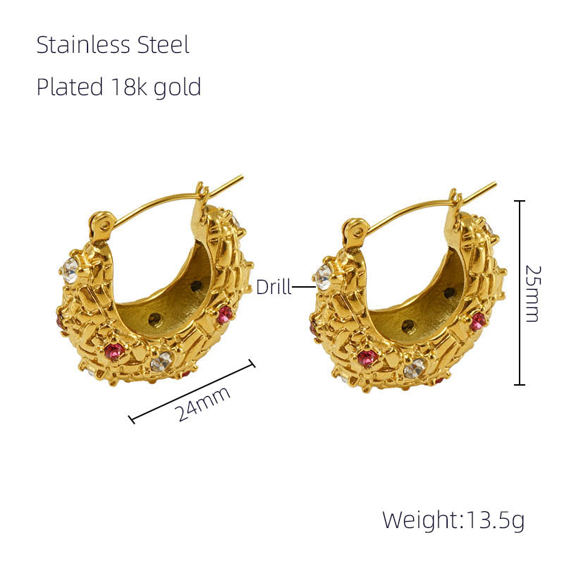 Drill Inlaid Pleated Stainless Steel Earrings