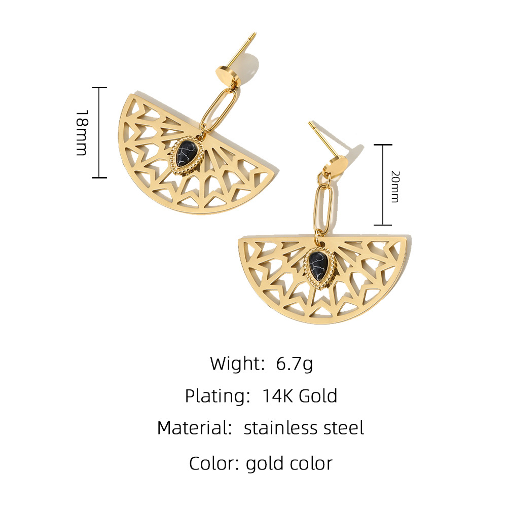 Fan Shaped Natural Stone Drops Stainless Steel Earrings
