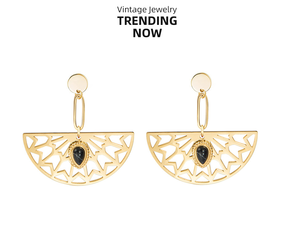 Fan Shaped Natural Stone Drops Plated 14K Gold Earrings