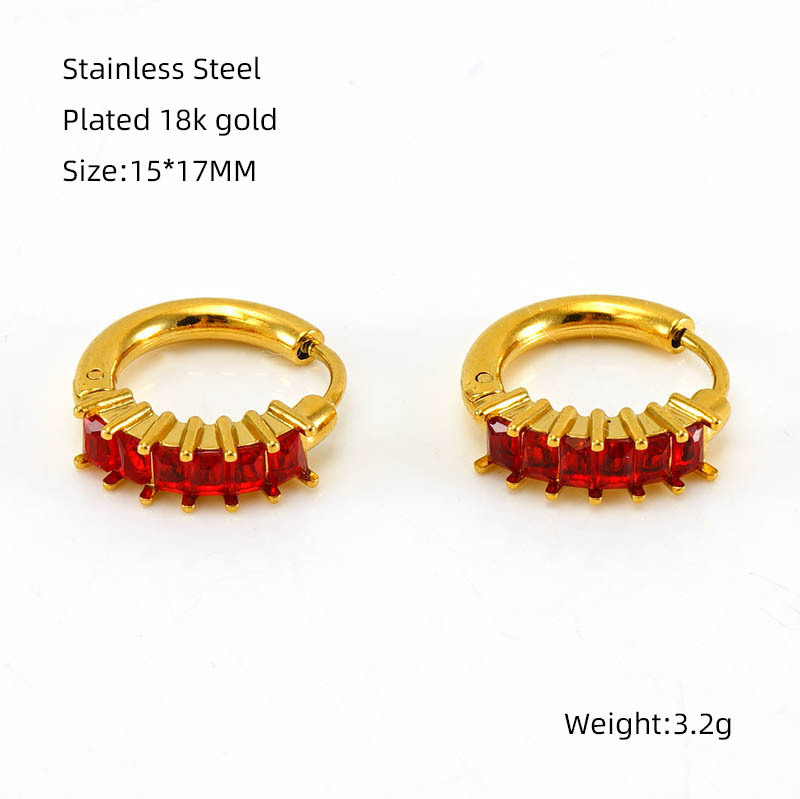 Red Zircon Inlaid Stainless Steel Earrings
