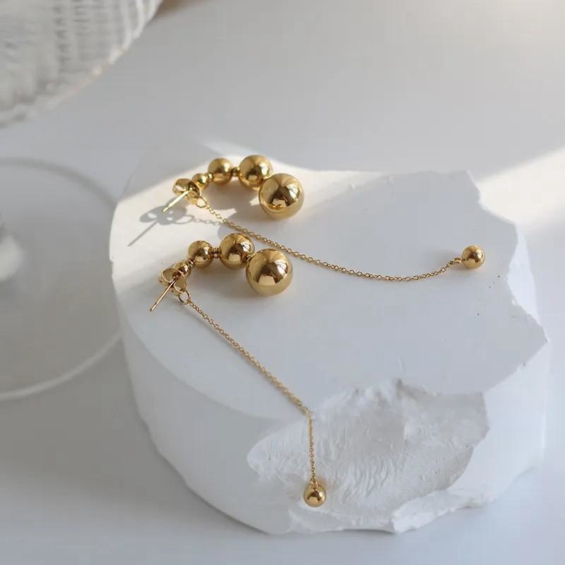 Retro Metal Ball Gold Bead Tassel Titanium Steel Stud Earrings