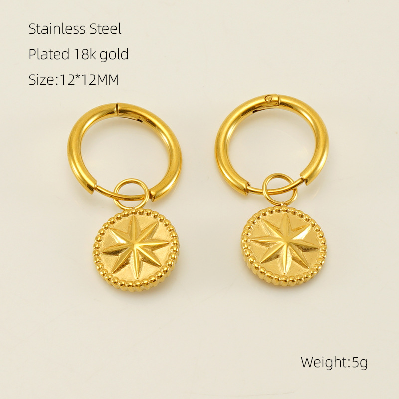 Gold Color Round Charm Stainless Steel Earrings