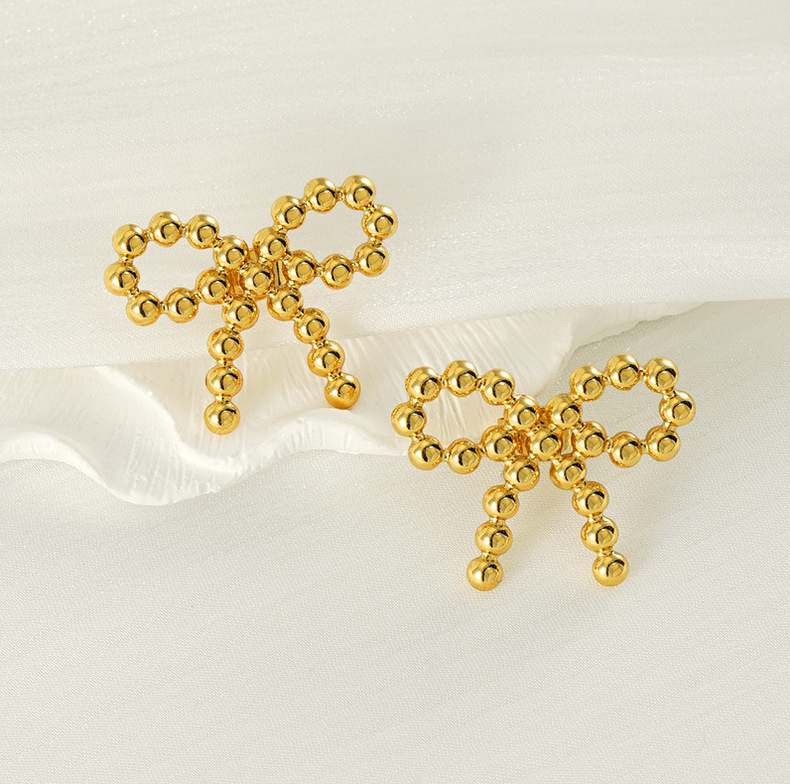 Plated 18K Gold Round Bead Bow Earrings