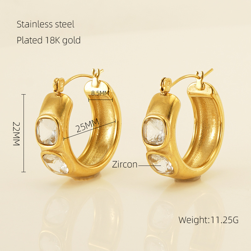 Zircon Inlaid C-shaped Stainless Steel Earrings