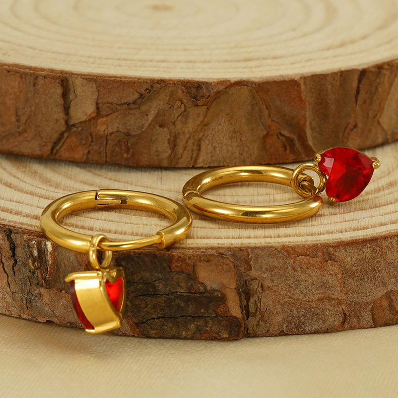 Red Zircon Inlaid Heart Stainless Steel Pendant Earrings