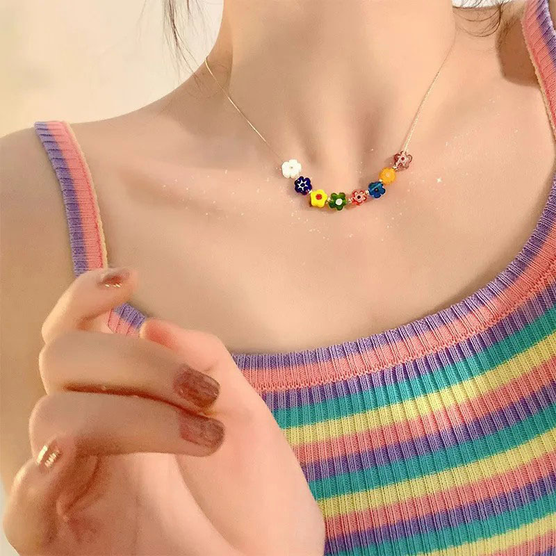 colored flower, stainless steel necklace, beads flower pendant
