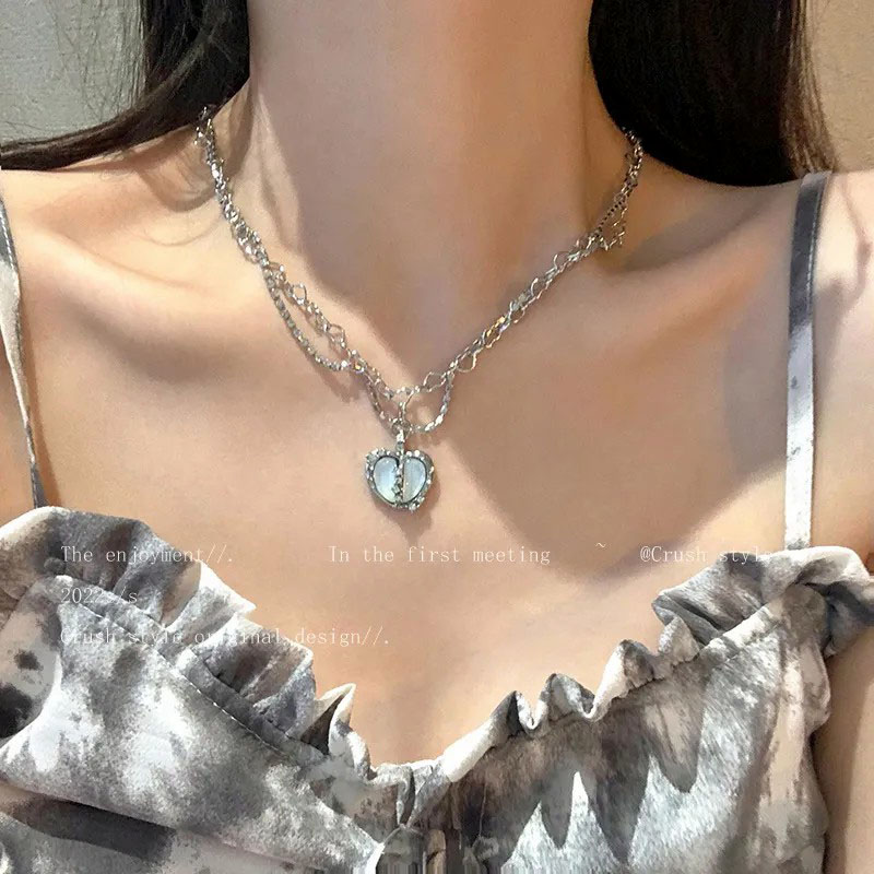 Heart Inlaid Diamond, Stainless Steel Necklace