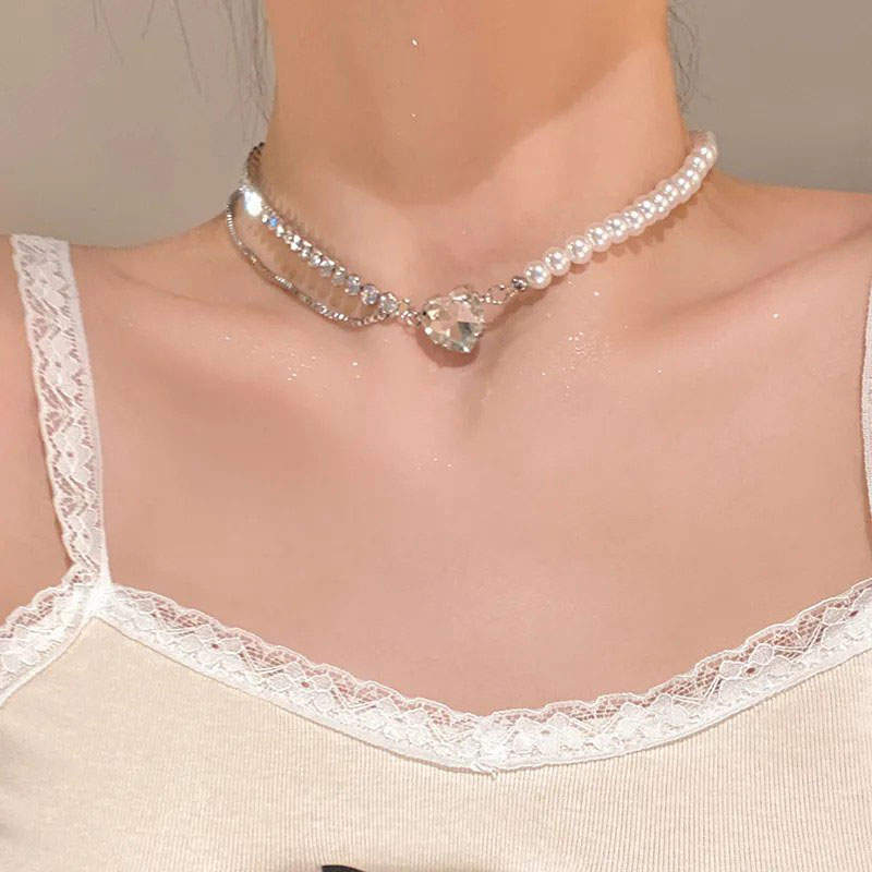 Love, Pearl Chain, Zircon Inlaid Patchwork Necklace