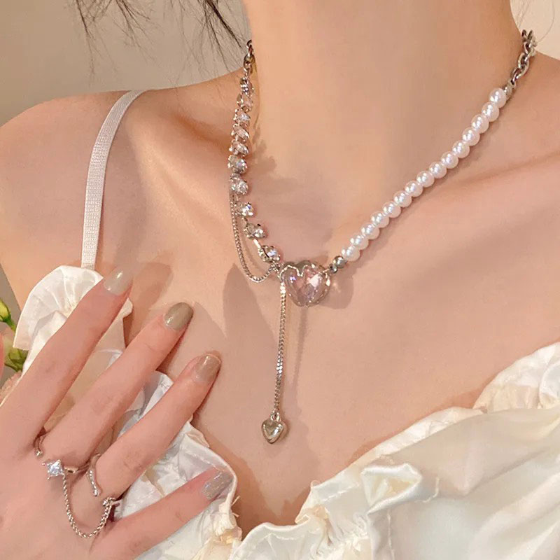 Heart-Shaped ,Multi-Part Pearl, Stainless Steel Necklace