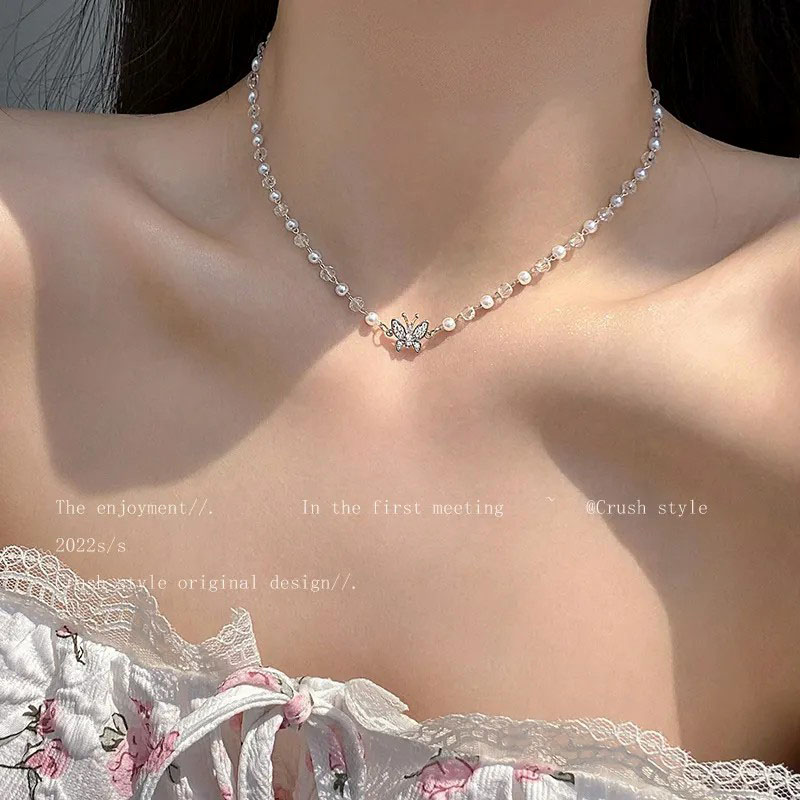 Crystal Pearl Butterfly, Stainless Steel Necklace