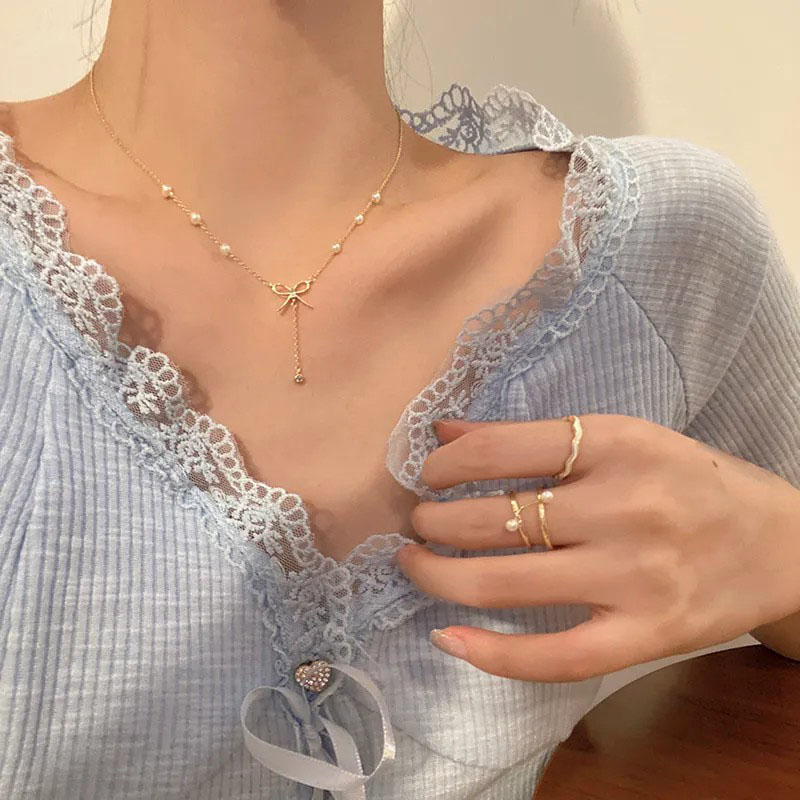 Bowknot Pendent, Pearl Tassel, Steel Necklace