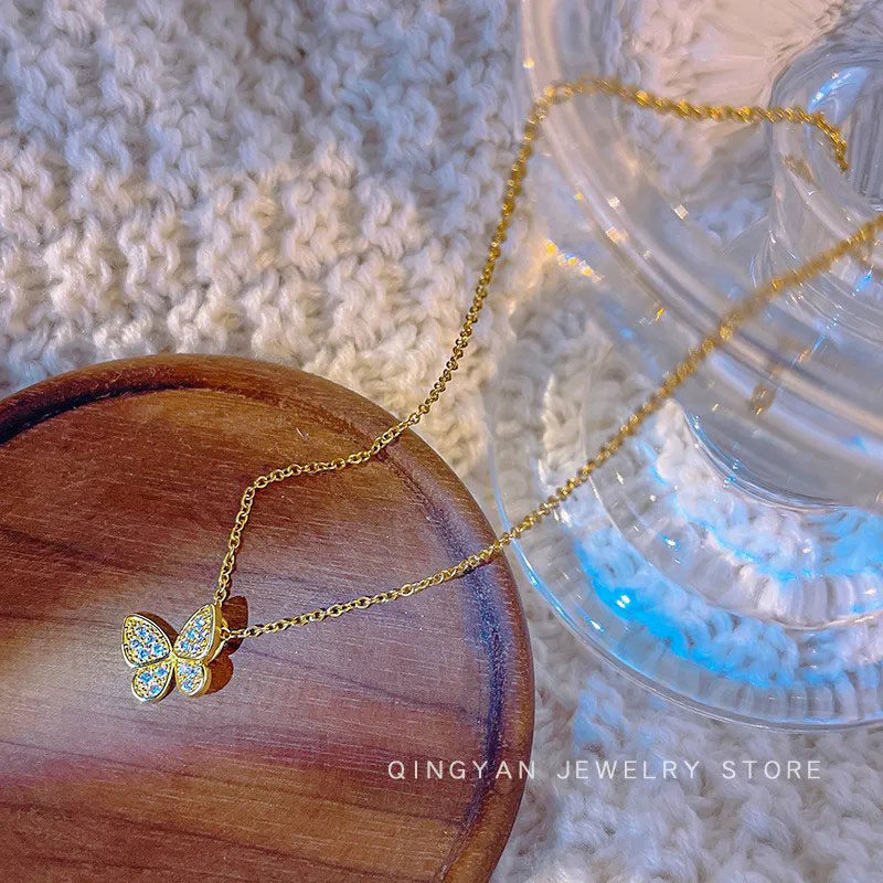  Butterfly, Inlaid Zircon, Stainless Steel Necklace