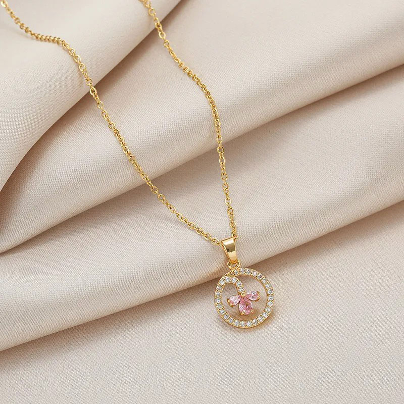 round flower, inlaid rhinestone, steel necklace