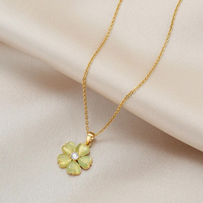 Green Opal Flowers, Stainless Steel Necklace