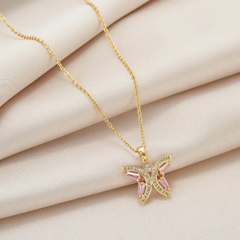 Butterfly, Zircon Inlaid, Staninless Steel Necklace