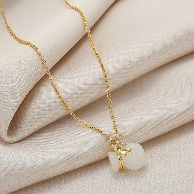 White, Bow, Gourd, Stainless Steel Necklace