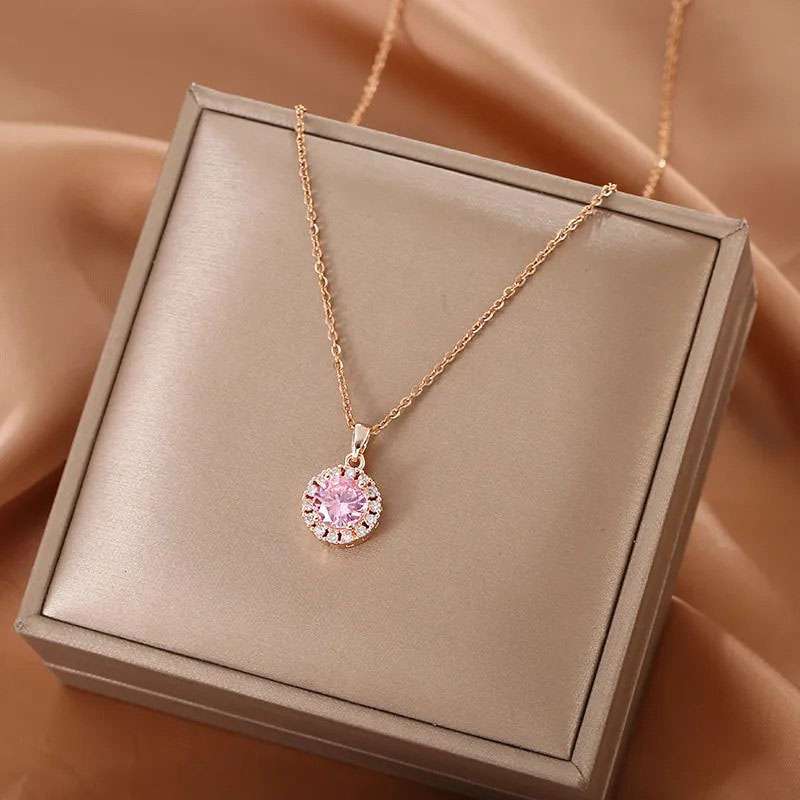 Lucky Beads Pink, Zircon Inlaid, Stainless Steel Necklace
